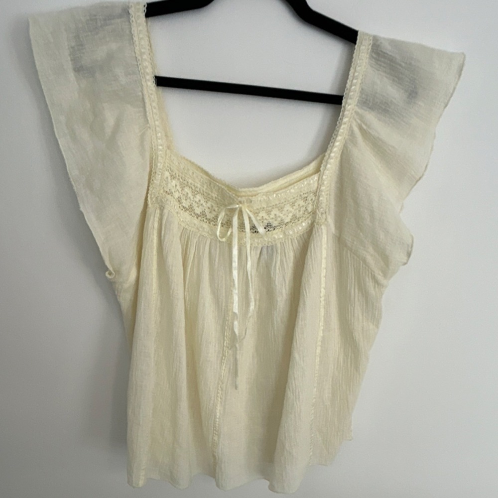 Unique Spectrum Ivory Lace Flutter Sleeve Tunic Top XL Square Neck Cotton